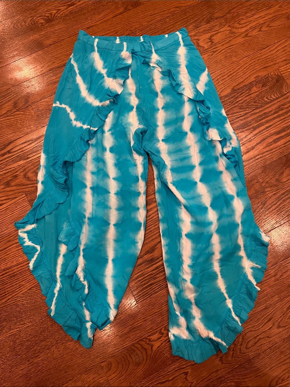 Celina one size Turquoise Tie-Dye Ruffle Hem Palazzo Bottoms